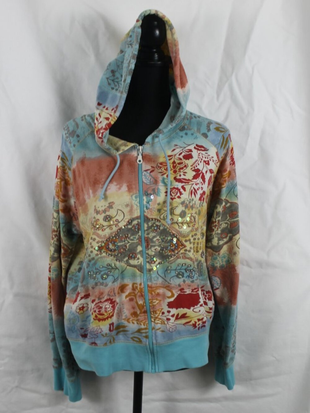 Tense Women's XL Full Zip Hoodie Sweatshirt Sequins Floral Paisley Multicolor